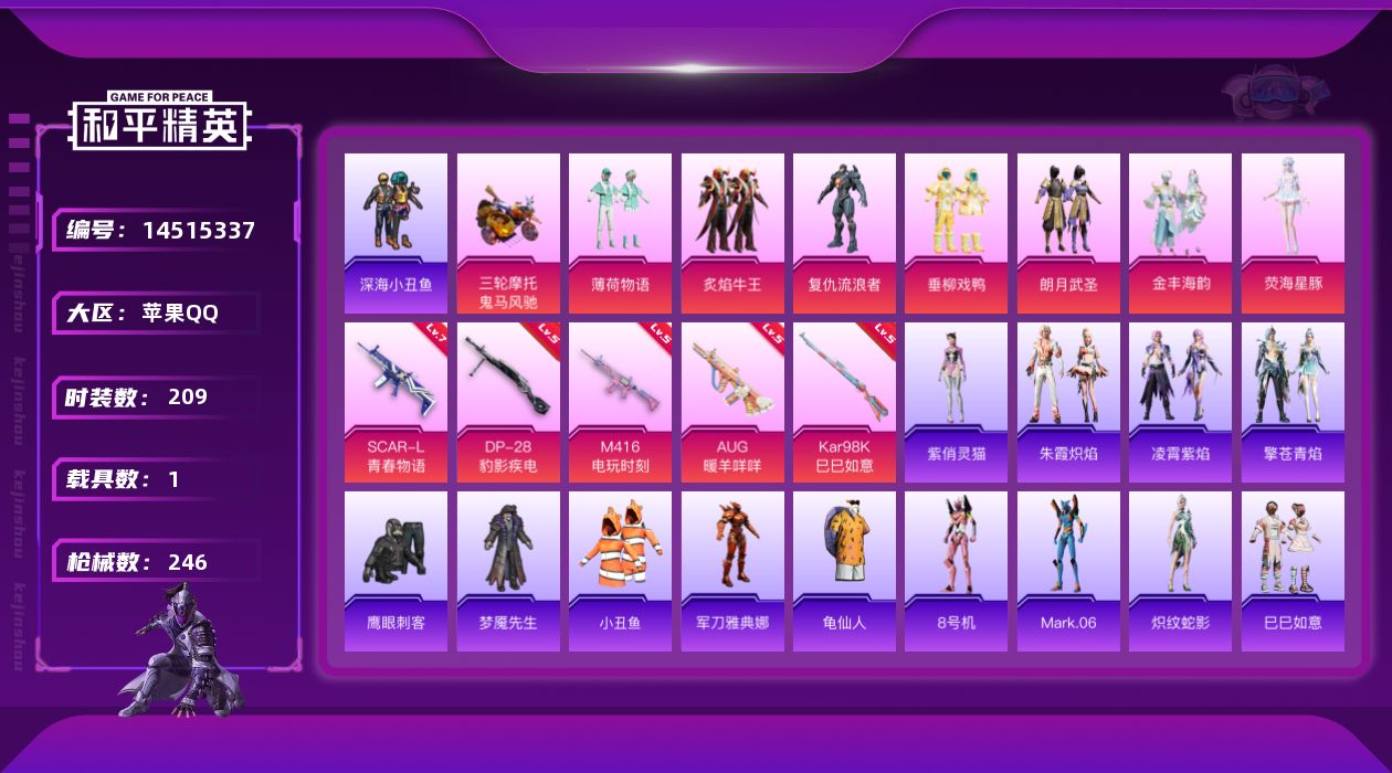 和平精英账号苹果QQ[14515337]【店主推荐捡漏号！可直接换绑】/地铁满天赋 苹果 手Q-7粉装-5特效枪-1载具-7.7w热力值-16王牌印记-209套装-246枪皮【热门品类】：套装-深海小丑鱼，套装-小丑鱼，