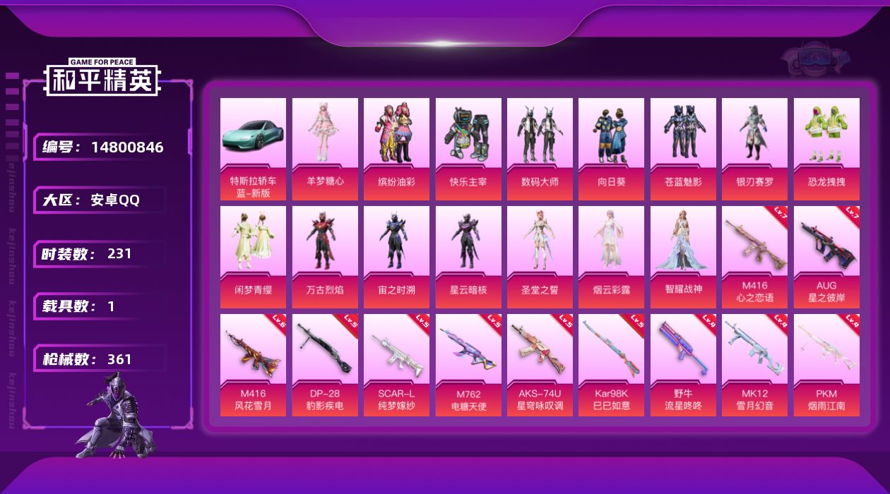 和平精英账号安卓QQ[14800846]【店主推荐捡漏号！可直接换绑】地铁满天赋 素材身法号  安卓 手Q-15粉装-14特效枪-1载具-7粉色飞行器-12w热力值-25王牌印记-231套装-361枪皮
【热门品类】：粉