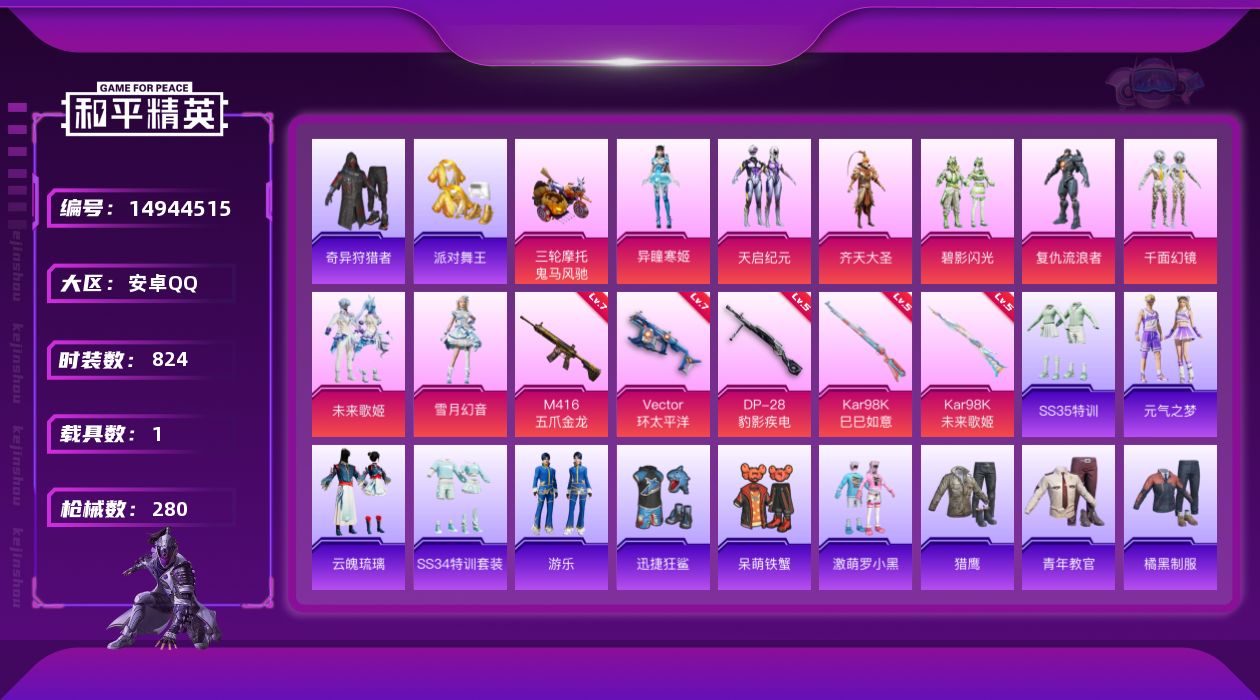 和平精英账号安卓QQ8粉装 5特效枪 1载具 20印记 可二次 可修改实名 
【热门装扮】:奇异狩猎者,雪月幻音,异瞳寒
