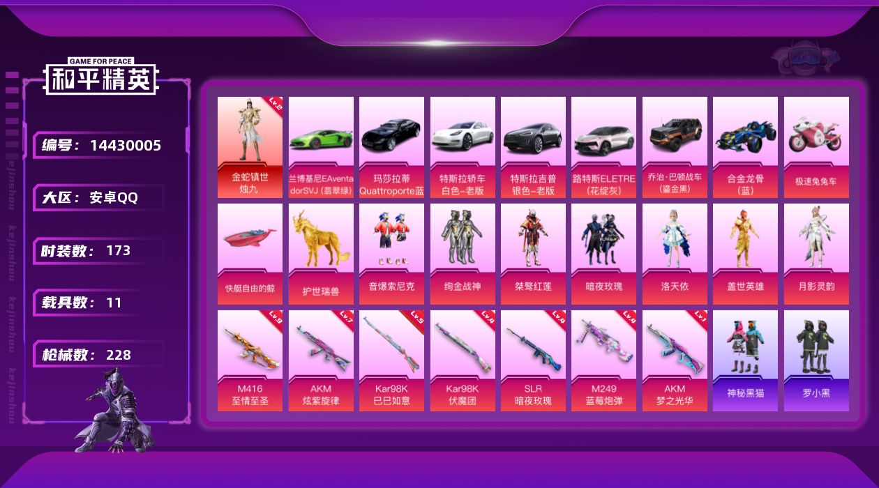 和平精英账号安卓QQ[14430005]可二次【店主推荐捡漏号！可直接换绑】/素材身法号 /M416-至情至圣(九级) 安卓 手Q-1神装-7粉装-7特效枪-11载具-5粉色飞行器-9w热力值-18王牌印记-173套装-