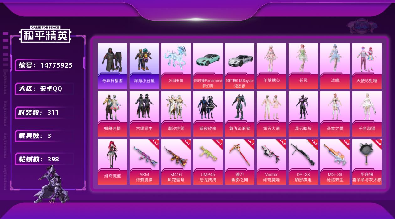 和平精英账号安卓QQ[14775925]【店主推荐捡漏号！可直接换绑】安卓 手Q-14粉装-13特效枪-3载具-5粉色飞行器-139683热力值-25王牌印记-311套装-398枪皮【热门品类】：套装-深海小丑鱼，套装-