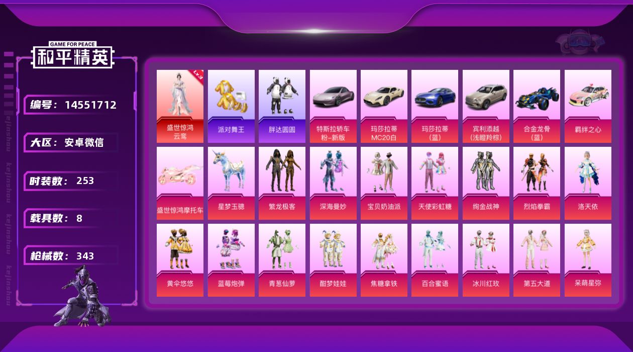 和平精英账号安卓微信[14551712]素材身法号/无敌战神框2/绝世印记9 安卓 微信-无敌战神框-1神装-23粉装-17特效枪-8载具-11粉色飞行器-14.1w热力值-23王牌印记-253套装-343枪皮【红色神装