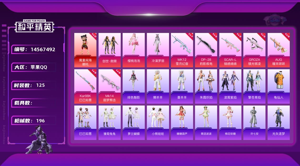 和平精英账号苹果QQ[14567492]【店主推荐捡漏号！可直接换绑】/素材身法号/地铁满天赋 苹果 手Q-1神装-3粉装-7特效枪-3粉色飞行器-5.7w热力值-11王牌印记-125套装-196枪皮【红色神装等级】：魔