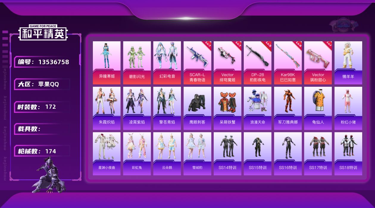 和平精英账号苹果QQ[13536758]不可二次【店主推荐捡漏号！可直接换绑】/绝世印记1 苹果 手Q-3粉装-5特效枪-5.6w热力值-12王牌印记-172套装-174枪皮【热门品类】：套装-浪漫天命，角色-军刀雅典娜