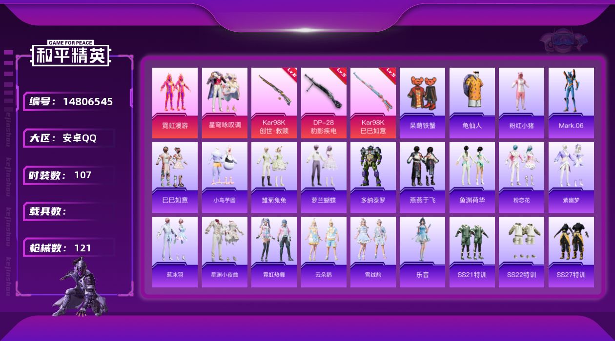 和平精英账号安卓QQ[14806545]可二次【店主推荐捡漏号！可直接换绑】 安卓 手Q-2粉装-3特效枪-0载具-1粉色飞行器-33371热力值-6王牌印记-107套装-121枪皮
【热门品类】：套装-龟仙人，套装-粉