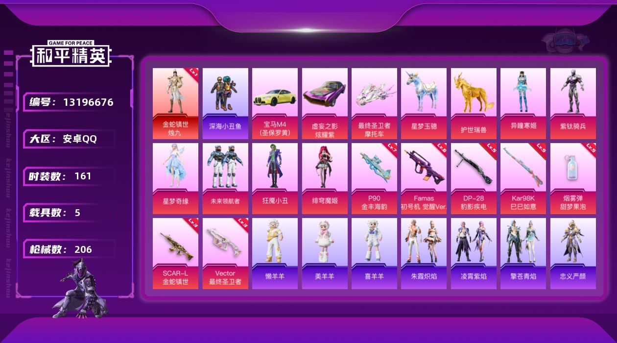 和平精英账号安卓QQ[13196676]素材身法号/地铁满天赋 安卓 手Q-1神装-6粉装-7特效枪-5载具-8粉色飞行器-6.9w热力值-13王牌印记-161套装-206枪皮【红色神装等级】：金蛇镇世-烛九(一级)【热