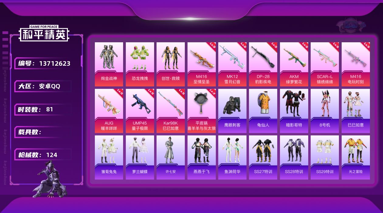 和平精英账号安卓QQ[13712623]【店主推荐捡漏号！可直接换绑】地铁满天赋 安卓 手Q-3粉装-10特效枪-0载具-1粉色飞行器-37224热力值-4王牌印记-81套装-124枪皮【热门品类】：套装-龟仙人，套装-