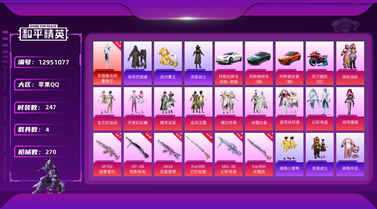 和平精英账号苹果QQ[12951077]素材身法号【特价急出/详情看图】：苹果 手Q-1神装-10粉装-6特效枪-4载具-4粉色飞行器-9.4w热力值-13王牌印记-247套装-270枪皮【红色神装等级】：灵猫魔法师-塞