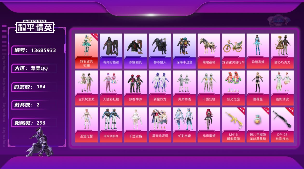 和平精英账号苹果QQ[13685933]【店主推荐捡漏号！可直接换绑】/素材身法号/绝世印记2 苹果 手Q-1神装-18粉装-21特效枪-2载具-9粉色飞行器-10w热力值-10王牌印记-184套装-296枪皮【红色神装