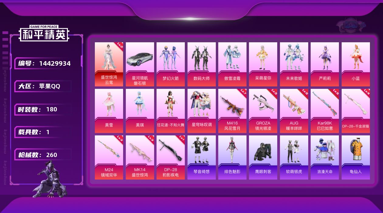 和平精英账号苹果QQ[14429934]可二次【店主推荐捡漏号！可直接换绑】/素材身法号 苹果 手Q-1神装-11粉装-8特效枪-1载具-8粉色飞行器-9w热力值-15王牌印记-180套装-260枪皮【红色神装等级】：盛