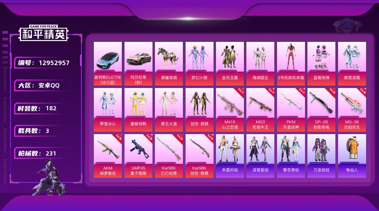 和平精英账号安卓QQ[12952957]素材身法号/绝世印记1【特价急出/详情看图】：安卓 手Q-10粉装-9特效枪-3载具-4粉色飞行器-8w热力值-16王牌印记-182套装-231枪皮【热门品类】：粉装-梦幻火箭，套