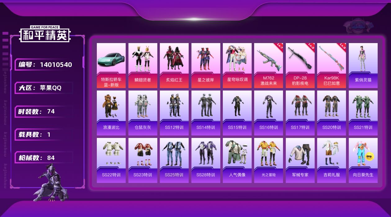 和平精英账号苹果QQ[14010540]可二次【店主推荐捡漏号！可直接换绑】 苹果 手Q-4粉装-3特效枪-1载具-1粉色飞行器-3.1w热力值-5王牌印记-74套装-84枪皮【热门品类】：套装-浪漫波比【粉色载具】：特