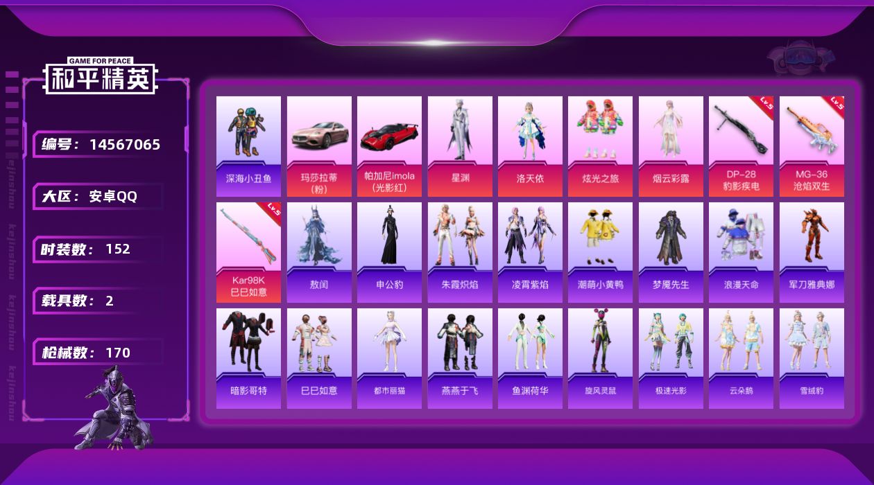 和平精英账号安卓QQ[14567065]【店主推荐捡漏号！可直接换绑】安卓 手Q-4粉装-3特效枪-2载具-4.9w热力值-7王牌印记-152套装-170枪皮【热门品类】：套装-浪漫天命，套装-深海小丑鱼，角色-军刀雅典
