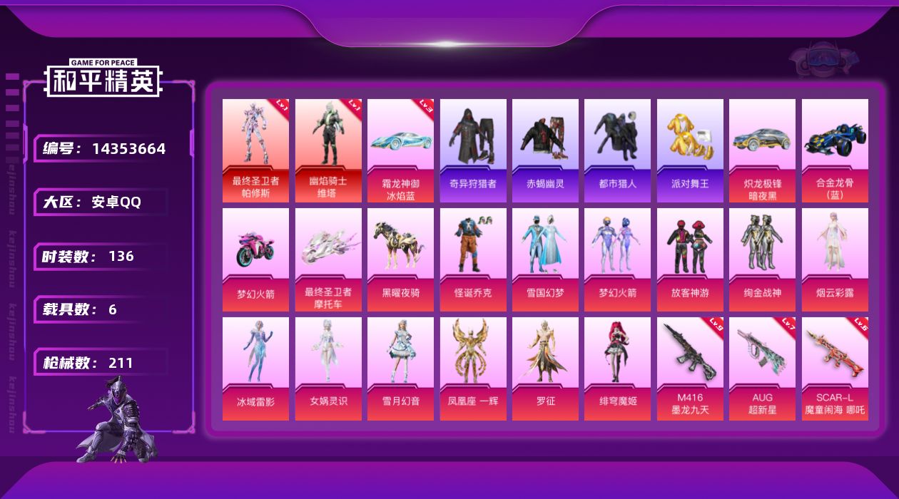和平精英账号安卓QQ[14353664]连体王者-350皮肤-5珍品传说-1无双-3荣耀典藏 /全猴皮肤【店主推荐捡漏号！可直接换绑】/素材身法号/扭蛋碎片934/璀璨碎片985/地铁满天赋/M416-墨龙九天(九级) 