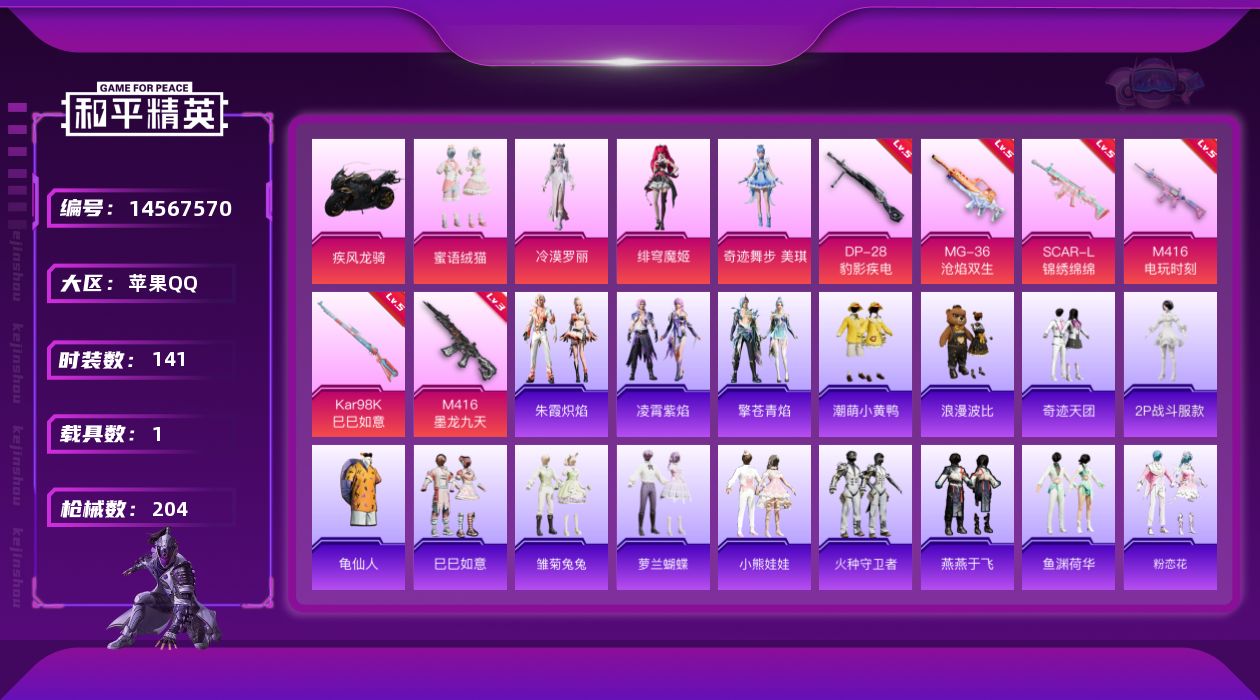 和平精英账号苹果QQ[14567570]可二次【店主推荐捡漏号！可直接换绑】/地铁满天赋 苹果 手Q-4粉装-6特效枪-1载具-7粉色飞行器-6.4w热力值-10王牌印记-141套装-204枪皮【热门品类】：角色-2P战