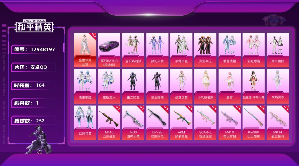 和平精英账号安卓QQ[12948197]【特价急出/详情看图】：安卓 手Q-1红装-17粉装-8特效枪-1载具-9w热力值-5印记-164套装-252枪皮【热门品类】：角色-2P战斗服款，角色-忠猛周仓，角色-忠真马岱，