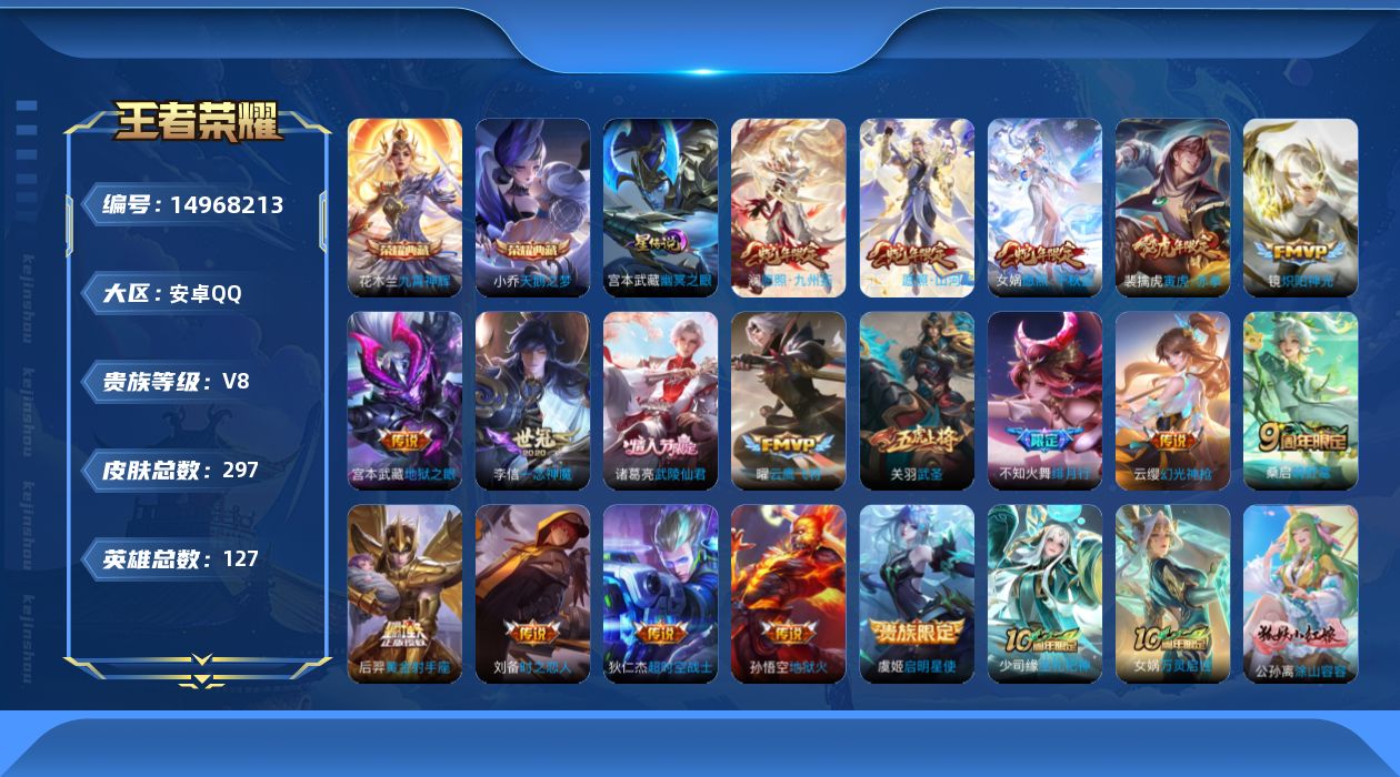 王者荣耀账号安卓QQ[14968213]实名: 可修改 贵族等级: V8 英雄数: 127 皮肤数: 297 荣耀水晶: