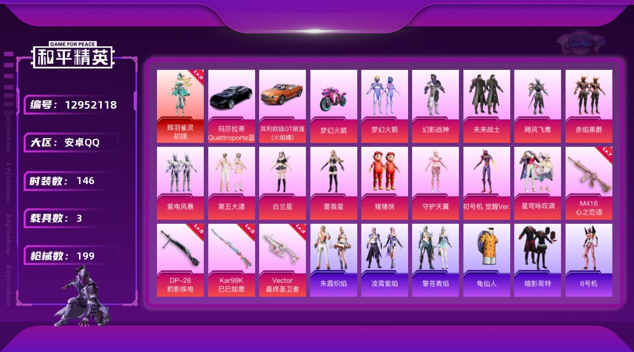 和平精英账号安卓QQ[12952118]素材身法号/璀璨碎片1200/地铁满天赋【特价急出/详情看图】：安卓 手Q-1神装-13粉装-4特效枪-3载具-4粉色飞行器-6.9w热力值-7王牌印记-146套装-199枪皮【红