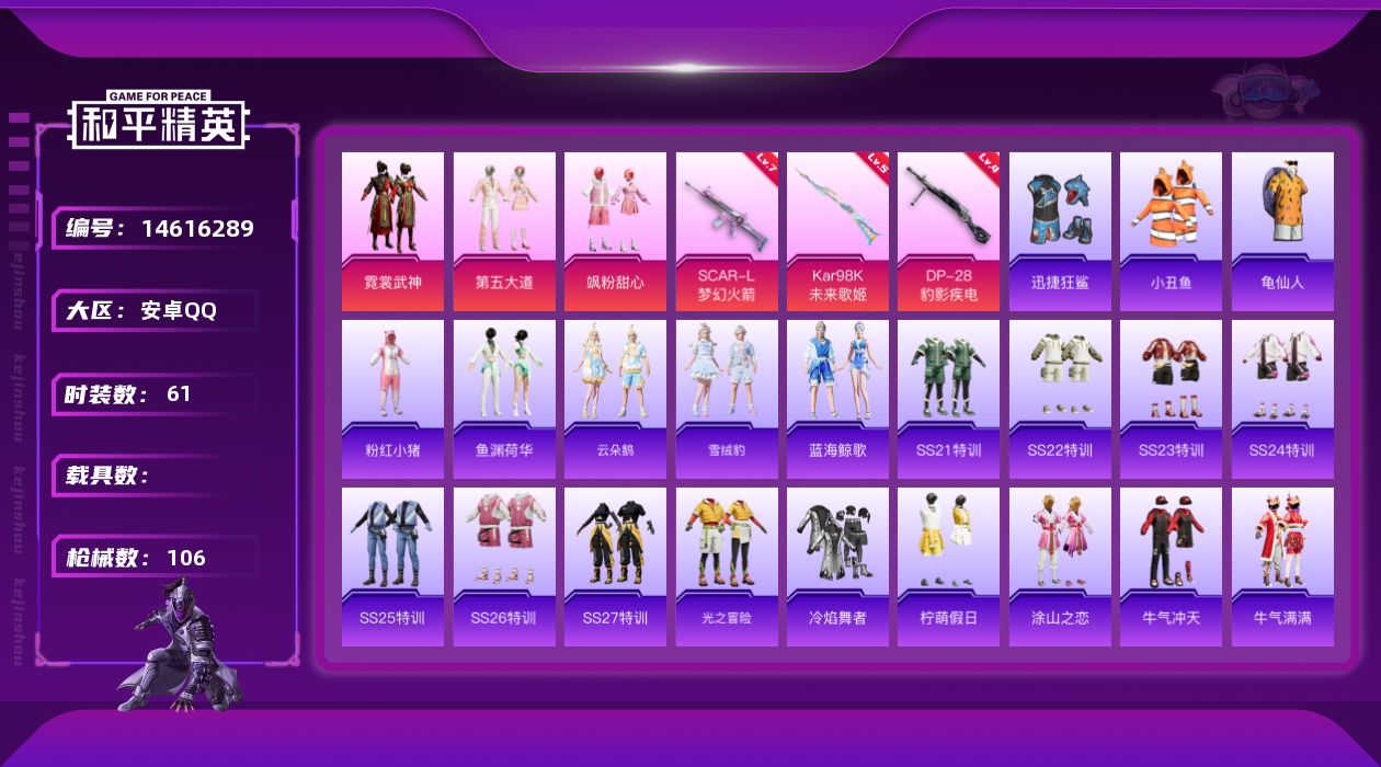 和平精英账号安卓QQ[14616289]【店主推荐捡漏号！可直接换绑】 安卓 手Q-3粉装-3特效枪-1粉色飞行器-2.9w热力值-1王牌印记-61套装-106枪皮【热门品类】：套装-小丑鱼，套装-龟仙人，套装-粉红小猪