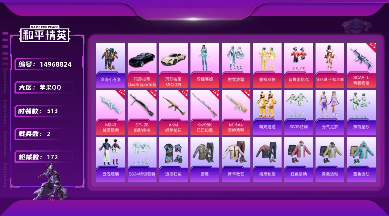 和平精英账号苹果QQ5粉装 6特效枪 2.0载具 14印记 可二次 
【热门装扮】迅捷狂鲨,深海小丑鱼,傲雪凌霜,垂柳戏
