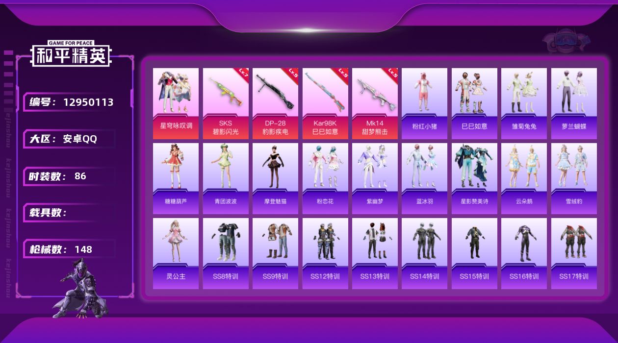 和平精英账号安卓QQ[12950113]地铁满天赋【特价急出/详情看图】：安卓 手Q-1粉装-4特效枪-4.1w热力值-1王牌印记-86套装-148枪皮【热门品类】：套装-粉红小猪【粉色套装】：粉装-星穹咏叹调【粉色枪皮