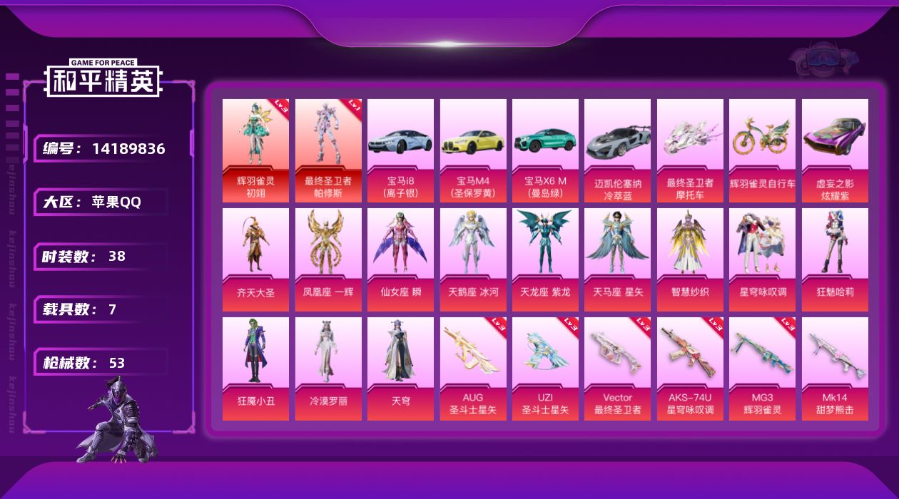 和平精英账号苹果QQ[14189836]【暑期末清货/特价急出/永久包赔/商品详情看图】：苹果 手Q-2红装-12粉装-6特效枪-7载具-3.1w热力值-2印记-38套装-53枪皮【角色神装等级】：最终圣卫者-帕修斯(一