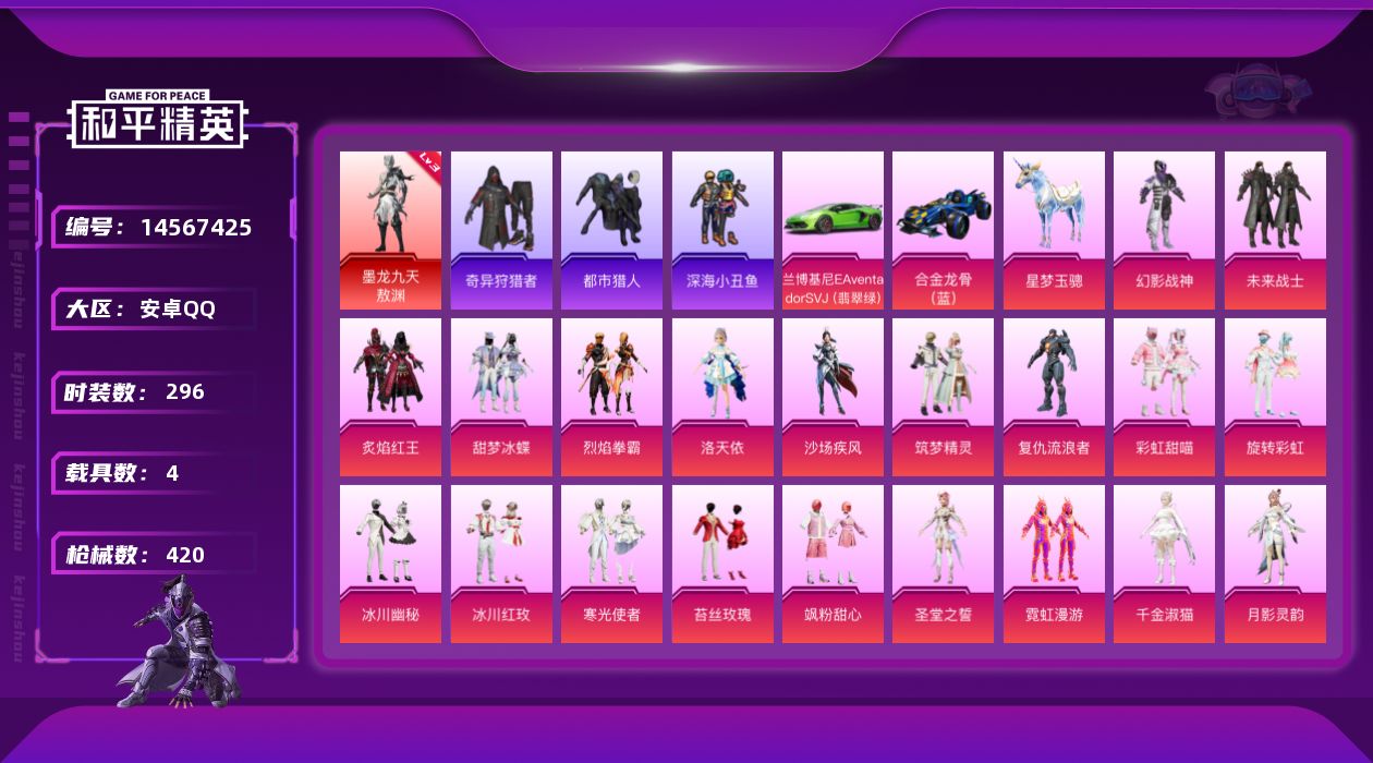 和平精英账号安卓QQ[14567425]可二次【店主推荐捡漏号！可直接换绑】/素材身法号/地铁满天赋 安卓 手Q-1神装-20粉装-13特效枪-4载具-14粉色飞行器-14.1w热力值-22王牌印记-296套装-420枪
