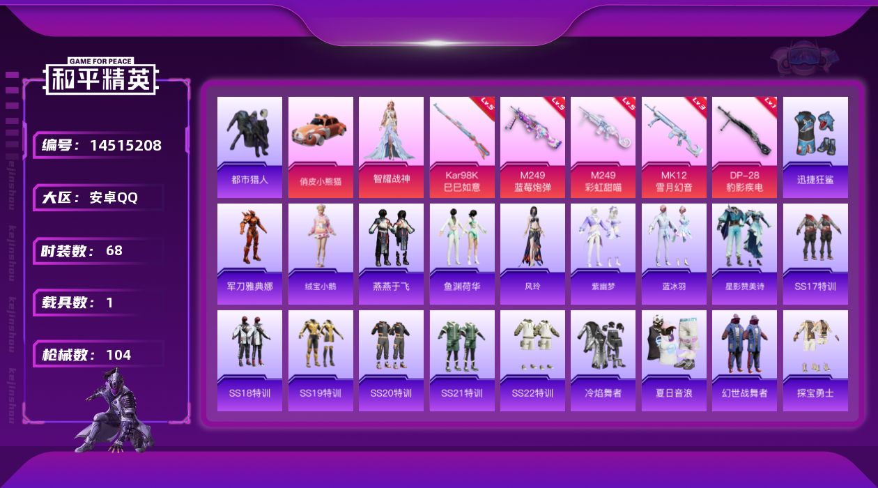 和平精英账号安卓QQ[14515208]可二次【店主推荐捡漏号！可直接换绑】  安卓 手Q-1粉装-5特效枪-1载具-1粉色飞行器-3.1w热力值-2王牌印记-68套装-104枪皮【热门品类】：套装-都市猎人，角色-军刀