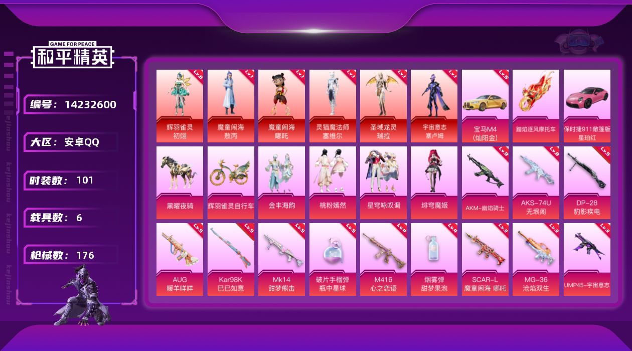 和平精英账号安卓QQ[14232600]【店主推荐捡漏号！可直接换绑】6套6级红装可随意切换 素材身法号/宝马M4（灿阳金）(五级)/辉羽雀灵-初翊(六级) /AKM-幽焰骑士(九级)  安卓 手Q-6神装-4粉装-19