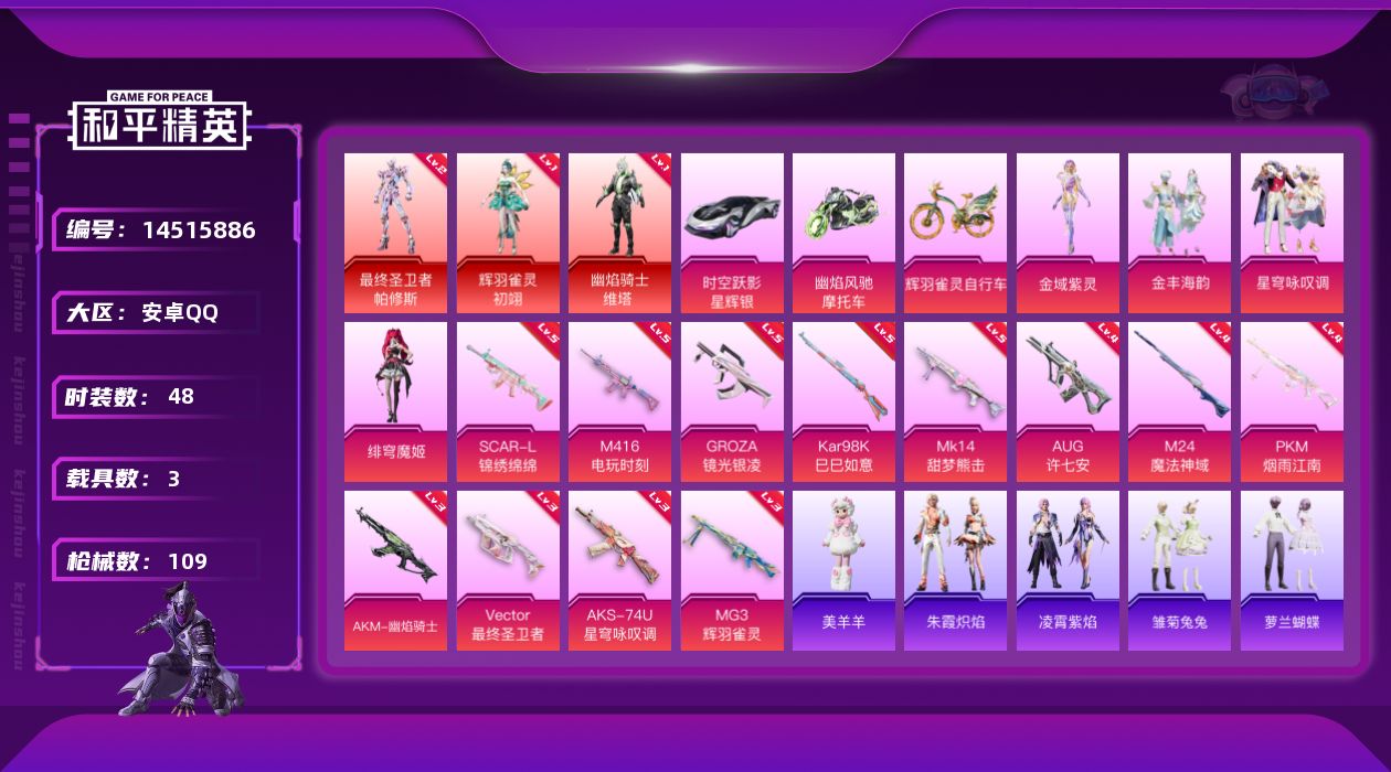 和平精英账号安卓QQ[14515886]可二次【店主推荐捡漏号！可直接换绑】/素材身法号/扭蛋碎片894/地铁满天赋 安卓 手Q-3神装-4粉装-12特效枪-3载具-6粉色飞行器-4w热力值-2王牌印记-48套装-109