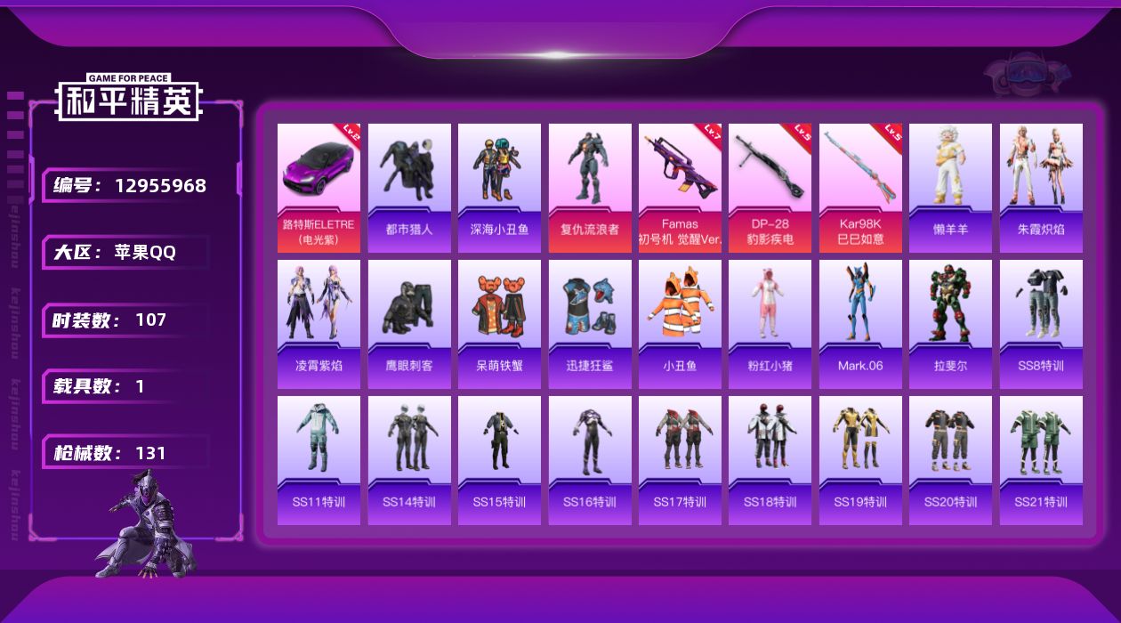 和平精英账号苹果QQ[12955968]苹果 手Q-1粉装-3特效枪-1载具-4.3w热力值-2王牌印记-107套装-131枪皮【红色载具】：路特斯ELETRE（电光紫）(二级)【热门品类】：套装-都市猎人，套装-深海小