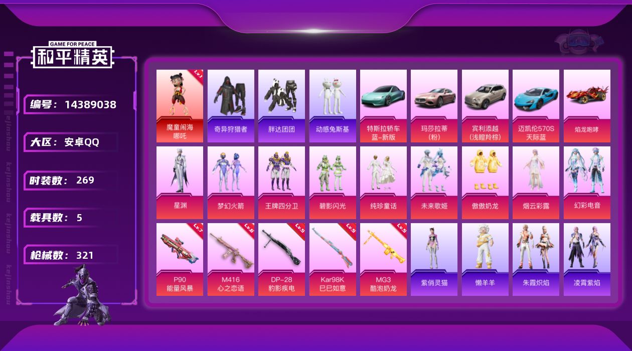 和平精英账号安卓QQ[14389038]可二次【店主推荐捡漏号！可直接换绑】/素材身法号/绝世印记1 安卓 手Q-1神装-9粉装-5特效枪-5载具-3粉色飞行器-10.7w热力值-19王牌印记-269套装-321枪皮【红