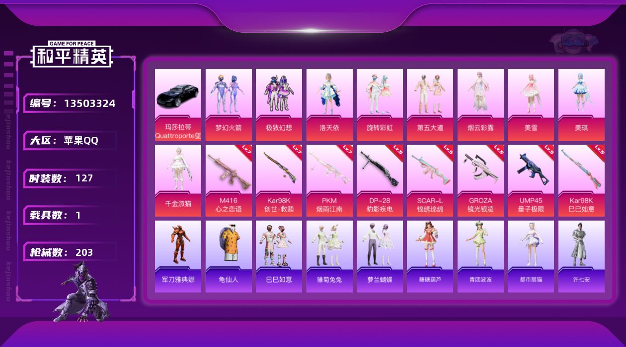 和平精英账号苹果QQ[13503324]【店主推荐捡漏号！可直接换绑】/素材身法号 苹果 手Q-9粉装-8特效枪-1载具-2粉色飞行器-6.5w热力值-14王牌印记-127套装-203枪皮【热门品类】：粉装-梦幻火箭，角