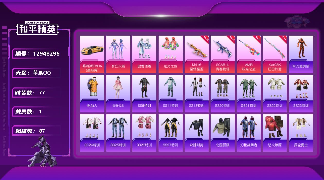 和平精英账号苹果QQ[12948296]M416-至情至圣(九级)【特价急出/详情看图】：苹果 手Q-3粉装-4特效枪-1载具-3.2w热力值-6印记-77套装-87枪皮【热门品类】：角色-军刀雅典娜【优质套装】：粉装-