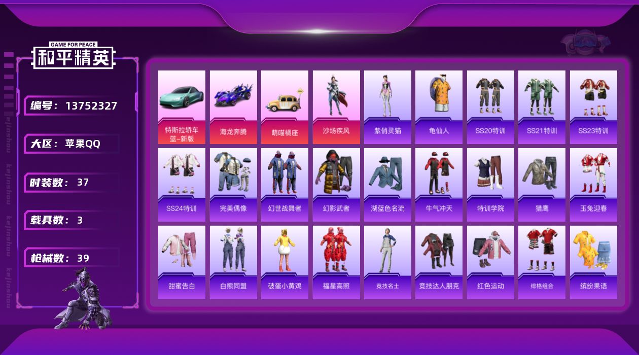 和平精英账号苹果QQ[13752327]可二次【店主推荐捡漏号！可直接换绑】 苹果 手Q-1粉装-3载具-1粉色飞行器-1.3w热力值-4王牌印记-37套装-39枪皮【热门品类】：套装-龟仙人【粉色载具】：特斯拉Road