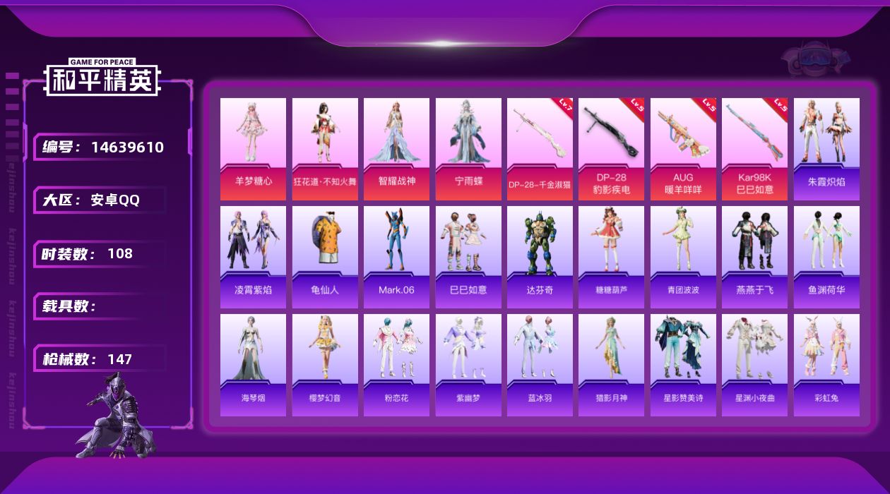和平精英账号安卓QQ[14639610]【店主推荐捡漏号！可直接换绑】/地铁满天赋  安卓 手Q-4粉装-4特效枪-8粉色飞行器-4.3w热力值-7王牌印记-108套装-147枪皮【热门品类】：套装-龟仙人，角色-Mar