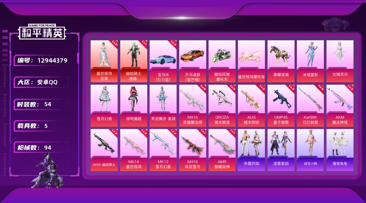 和平精英账号安卓QQ[12944379]扭蛋碎片708【暑期末清货/特价急出/永久包赔】：安卓 手Q-2红装-5粉装-11特效枪-5载具-4.4w热力值-1印记-54套装-94枪皮【角色神装等级】：盛世惊鸿-云鸾(二级)