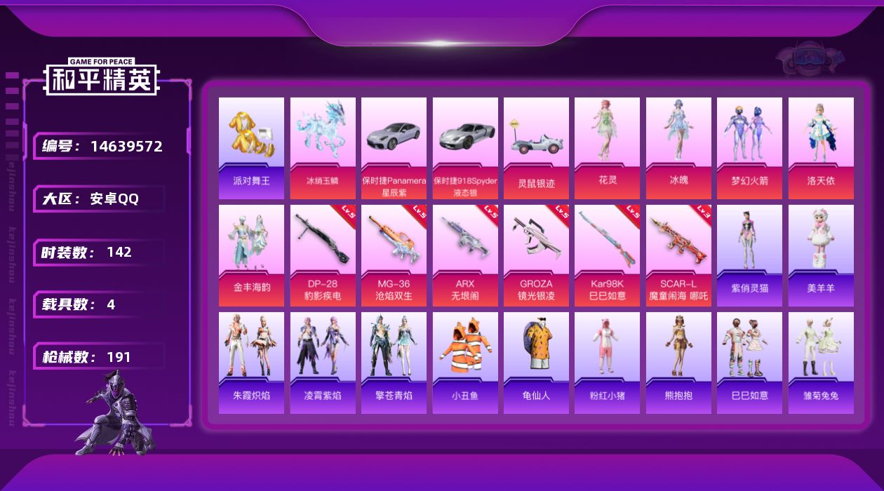 和平精英账号安卓QQ[14639572]【店主推荐捡漏号！可直接换绑】/素材身法号/璀璨碎片1474 安卓 手Q-5粉装-6特效枪-4载具-5粉色飞行器-6.1w热力值-13王牌印记-142套装-191枪皮【热门品类】：