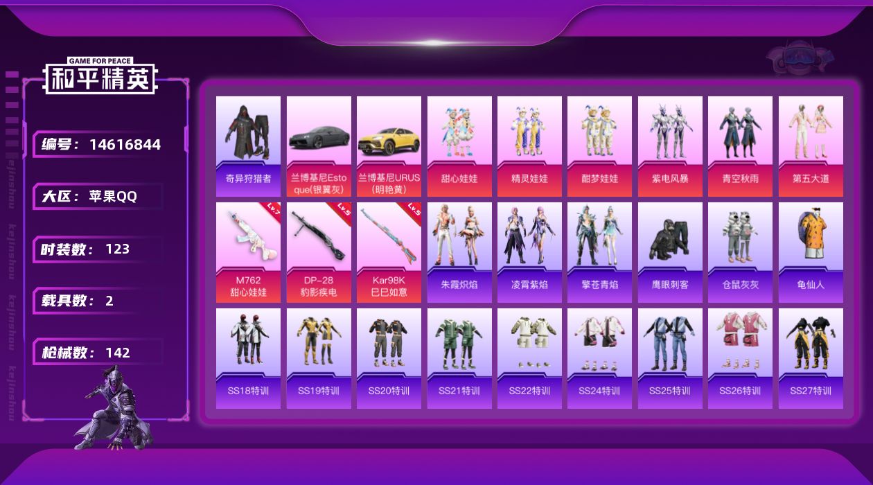 和平精英账号苹果QQ[14616844]【店主推荐捡漏号！可直接换绑】/地铁满天赋 苹果 手Q-6粉装-3特效枪-2载具-1粉色飞行器-4.3w热力值-12王牌印记-123套装-142枪皮【热门品类】：套装-奇异狩猎者，
