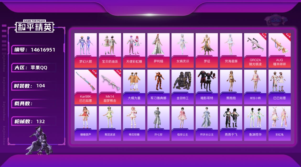 和平精英账号苹果QQ[14616951]可二次【店主推荐捡漏号！可直接换绑】 苹果 手Q-7粉装-4特效枪-2粉色飞行器-4w热力值-5王牌印记-104套装-132枪皮【热门品类】：粉装-梦幻火箭，角色-军刀雅典娜，套装