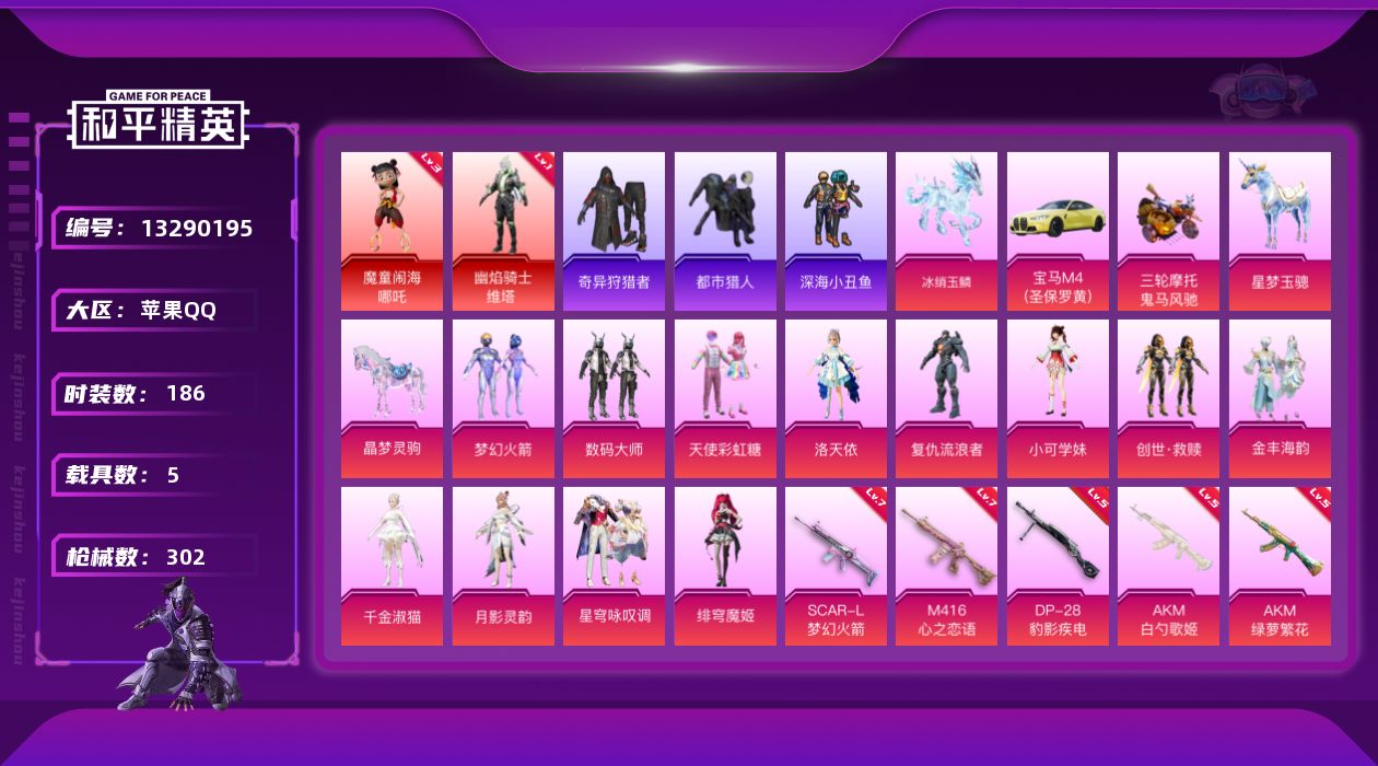 和平精英账号苹果QQ[13290195]素材身法号/地铁满天赋 苹果 手Q-2神装-12粉装-15特效枪-5载具-13粉色飞行器-10.3w热力值-15王牌印记-186套装-302枪皮【红色神装等级】：魔童闹海-哪吒(三