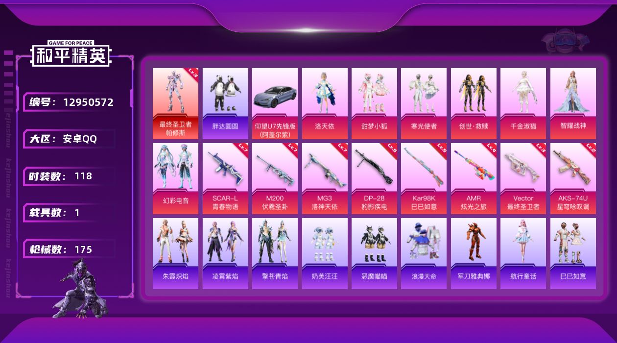 和平精英账号安卓QQ[12950572]素材身法号【特价急出/详情看图】：安卓 手Q-1神装-7粉装-8特效枪-1载具-2粉色飞行器-6w热力值-11王牌印记-118套装-175枪皮【红色神装等级】：最终圣卫者-帕修斯(