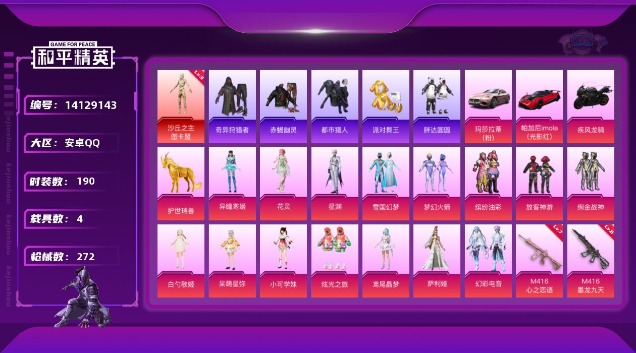 和平精英账号安卓QQ[14129143]【店主推荐捡漏号！可直接换绑】/地铁满天赋 安卓 手Q-1神装-15粉装-14特效枪-4载具-13粉色飞行器-10.3w热力值-15王牌印记-190套装-272枪皮【红色神装等级】