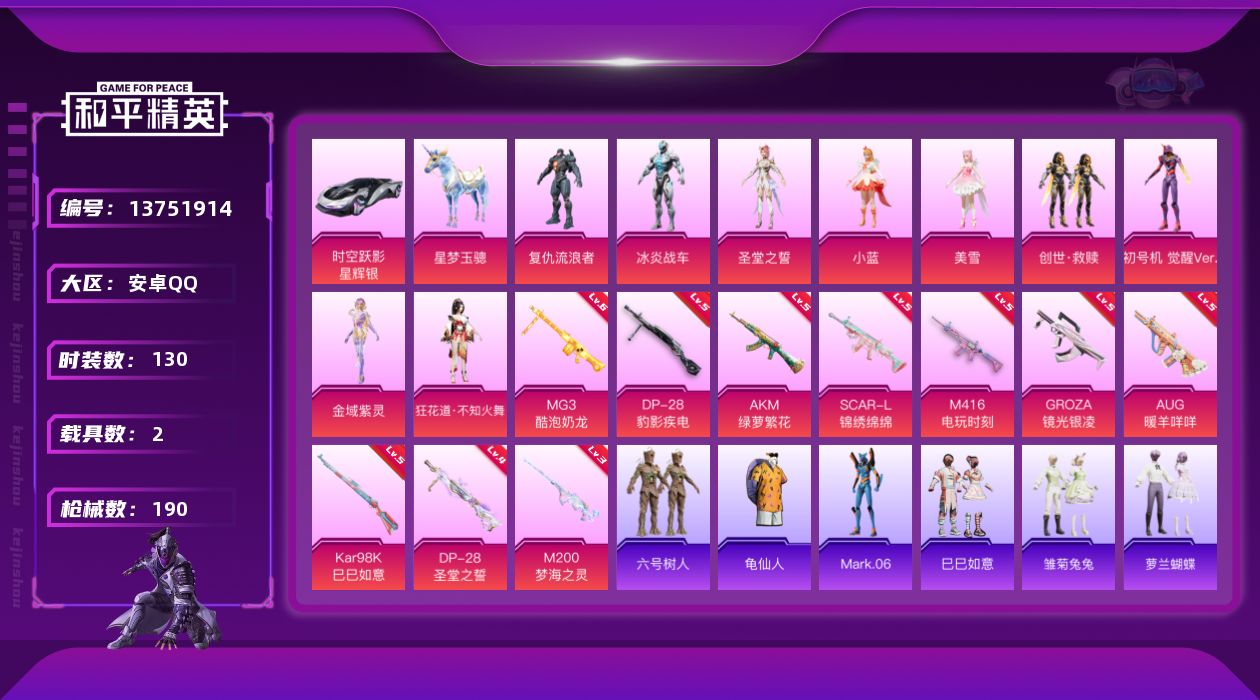 和平精英账号安卓QQ[13751914]可二次【店主推荐捡漏号！可直接换绑】/素材身法号/地铁满天赋 安卓 手Q-10粉装-10特效枪-2载具-7粉色飞行器-6.1w热力值-9王牌印记-130套装-190枪皮【热门品类】