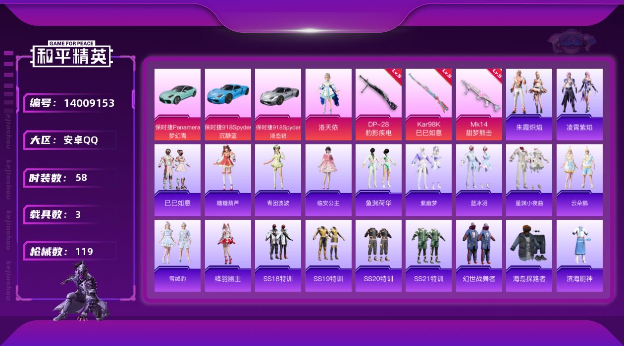 和平精英账号安卓QQ[14009153]可二次，【店主推荐捡漏号！可直接换绑】安卓 手Q-2粉装-3特效枪-3载具-2粉色飞行器-32644热力值-1王牌印记-58套装-119枪皮【粉色载具】：保时捷Panamera（梦