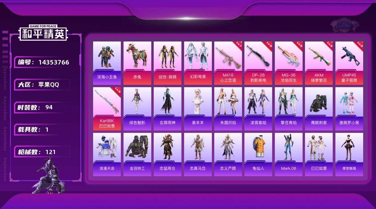 和平精英账号苹果QQ[14353766]【店主推荐捡漏号！可直接换绑】/地铁满天赋 苹果 手Q-2粉装-6特效枪-1载具-1粉色飞行器-3.7w热力值-6王牌印记-94套装-121枪皮【热门品类】：套装-浪漫天命，套装-