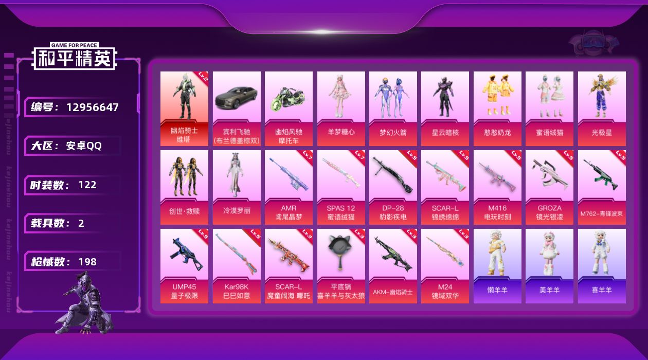 和平精英账号安卓QQ[12956647]素材身法号/地铁满天赋 安卓 手Q-1神装-8粉装-13特效枪-2载具-7粉色飞行器-6.8w热力值-9王牌印记-122套装-198枪皮【红色神装等级】：幽焰骑士-维塔(二级)【热