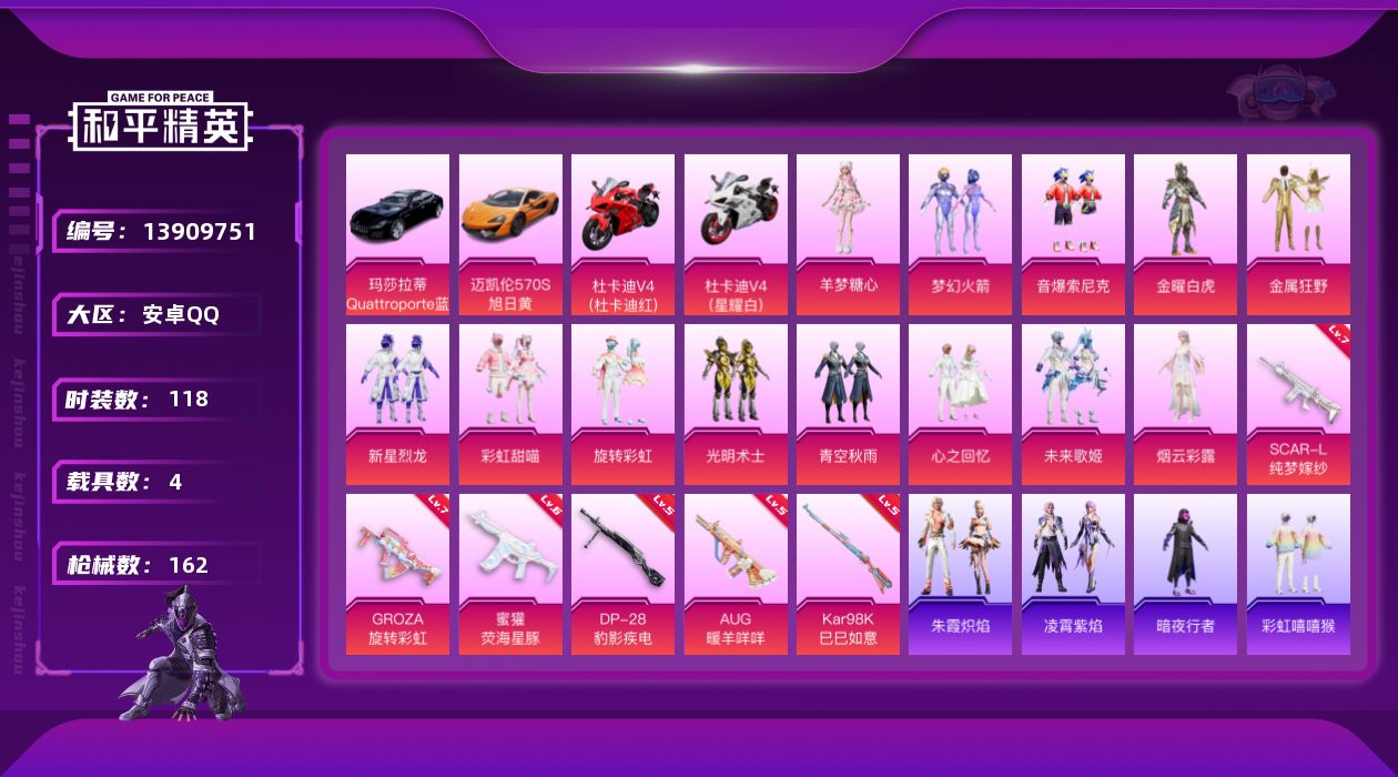 和平精英账号安卓QQ[13909751]【店主推荐捡漏号！可直接换绑】地铁满天赋/安卓 手Q-13粉装-6特效枪-4载具-2粉色飞行器-57860热力值-9王牌印记-118套装-162枪皮【热门品类】：粉装-梦幻火箭，粉