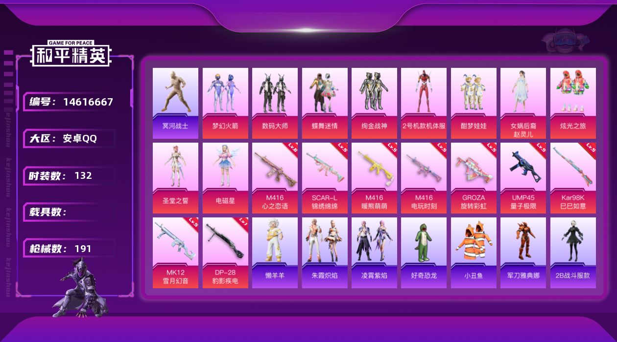 和平精英账号安卓QQ[14616667]【店主推荐捡漏号！可直接换绑】/素材身法号/老木乃伊/无敌战神框1 安卓 手Q-无敌战神框-10粉装-9特效枪-2粉色飞行器-6.6w热力值-15王牌印记-132套装-191枪皮【