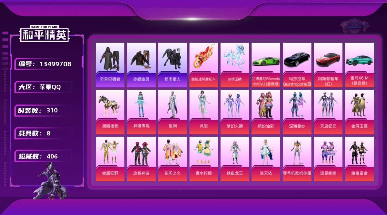 和平精英账号苹果QQ[13499708]【店主推荐捡漏号！可直接换绑】/素材身法号/绝世印记1/地铁满天赋 苹果 手Q-26粉装-18特效枪-8载具-9粉色飞行器-14.5w热力值-23王牌印记-310套装-406枪皮【